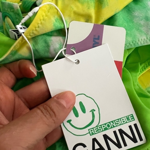 NWT GANNI Tie Dye Lace-up Green Yellow One-piece Swimsuit Sz 42 - Picture 6 of 7